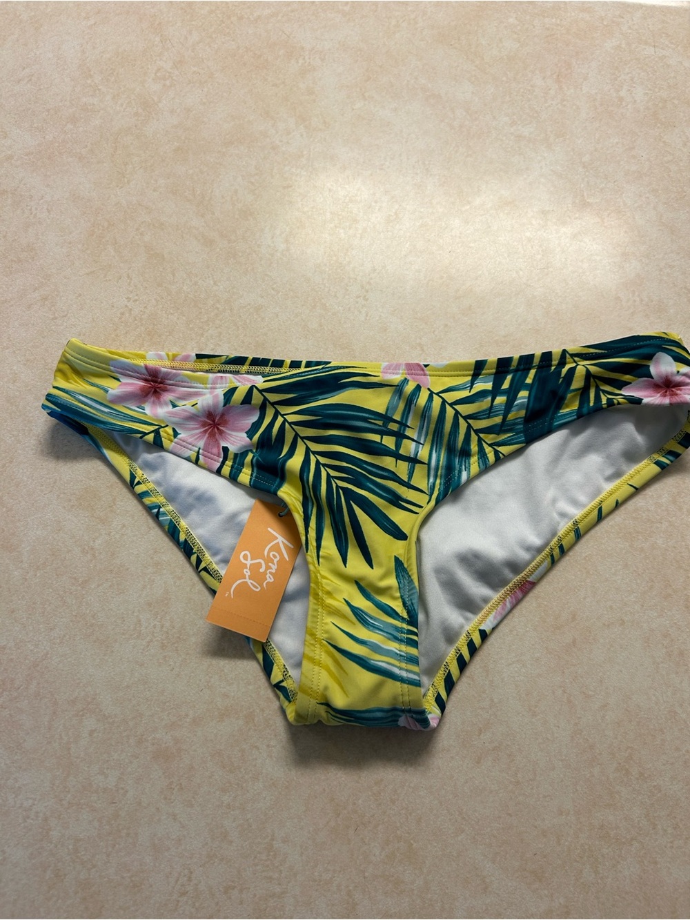 Kona Sol Yellow Tropical Floral Bikini Bottom with Green Palm Print